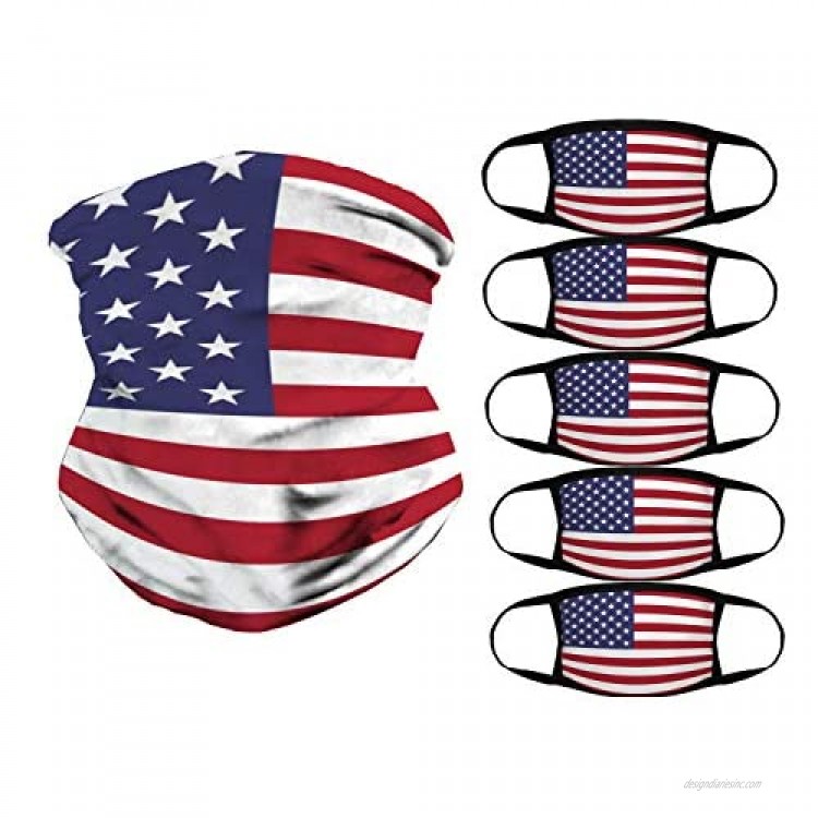 American Flag Bandana 5 pcs Reusable Covering and 1 Seamless Face Scarf Breathable Balaclava for Outdoor Sports