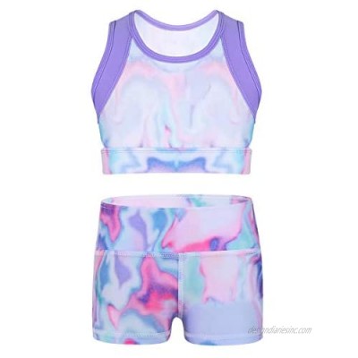 Doomiva Kids Girls 2PCS Colorful Tie-Dye Dance Sports Outfits Crop Tops Yoga Bras and Short Ballet Gymnastics Dancewear