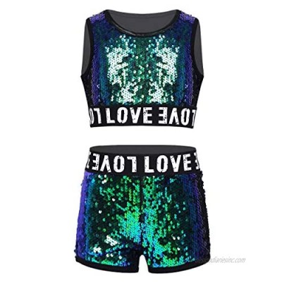 Haitryli 2Pcs Kids Girls Hip-hop Dance Shiny Sequins Sleeveless Crop Top with Shorts Outfits Gymnastics Dancewear