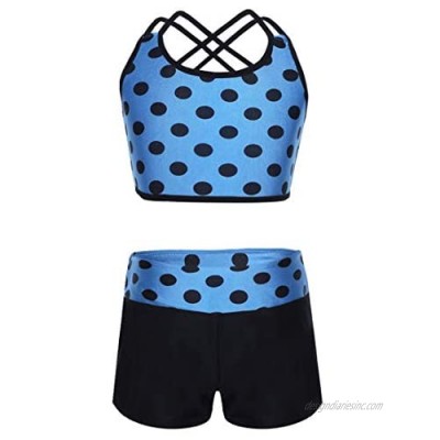 Hansber Girls 2 Piece Dance/Sports Tankini Criss Cross Polka Dot Crop Top with Booty Shorts Swimsuit