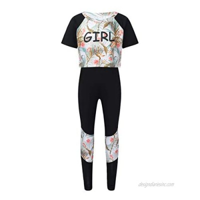 Mufeng Kids Girls Floral Leaves Print Crop Top Leggings Set Athletic Outfit Jogger Suit Tracksuit Gym Workout Activewear