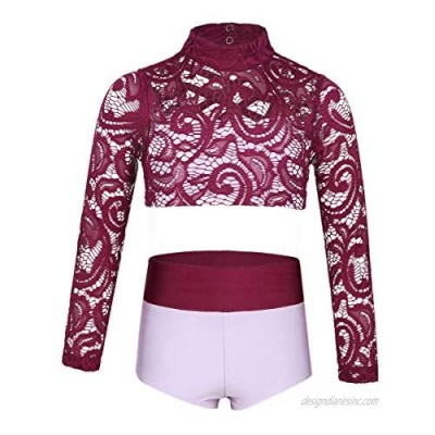 TiaoBug Kids Girls 2 Pieces Tankini Set Dance Sports Workout Outfits Long Sleeves Crop Tops with Booty Shorts Tracksuit
