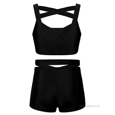 TTAO Kids Girls Two Pieces Gymnastics Outfits Sleeveless Sports Bra Top with Shorts Clothes Set Summer Yoga Sports Dance