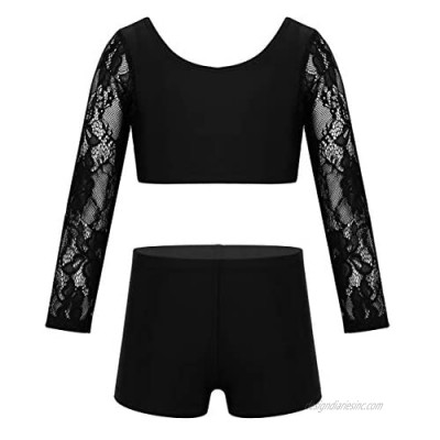 VernLan Big Girls 2PC Floral Lace Gymnastic Ballet Dance Outfit Mock-Neck Long Sleeve Crop Top with Booty Shorts Bottom Set