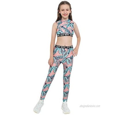 Yeeye Kids Girls Keep Move Active Set Mock Neck Crop Top with Tights Printed Outfit Sportswear