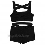zdhoor Kids Girls 2 Piece Sports Outfit Solid Strappy Sports Bra Booty Shorts Set Dance Tank Cross Crop Tops