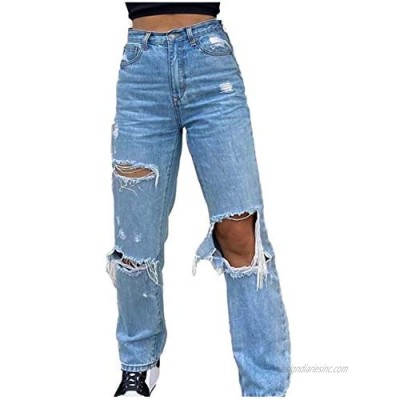 Forwelly Patchwork Jeans for Women Casual Baggy Straight Leg High Waist Denim Trousers Slim Fit Full Length Pant